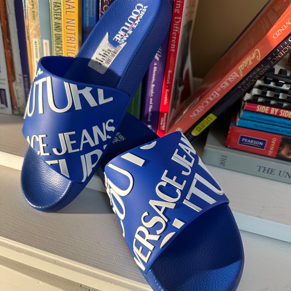 Versace Jeans Collection Royal Blue Logo Slide Sandals